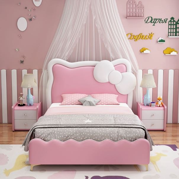 Giường trẻ em Hello kitty đáng yêu cho bé gái bọc đệm GTE-20