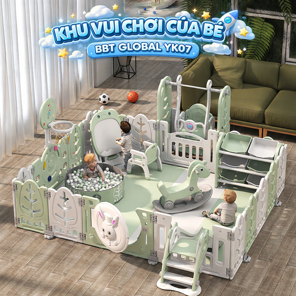 Bộ combo quây cũi cầu trượt xích đu BBT Global YK07 - Xanh