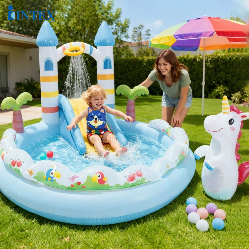 Bể bơi phao cầu trượt lâu đài cổ tích ngựa pony INTEX 56148