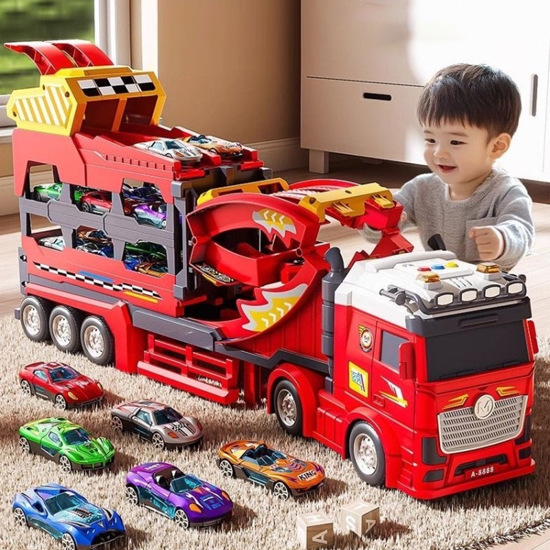 Đồ chơi xe tải biến hình đường đua 1m13 kèm xe hợp kim có đèn và nhạc JP588-32