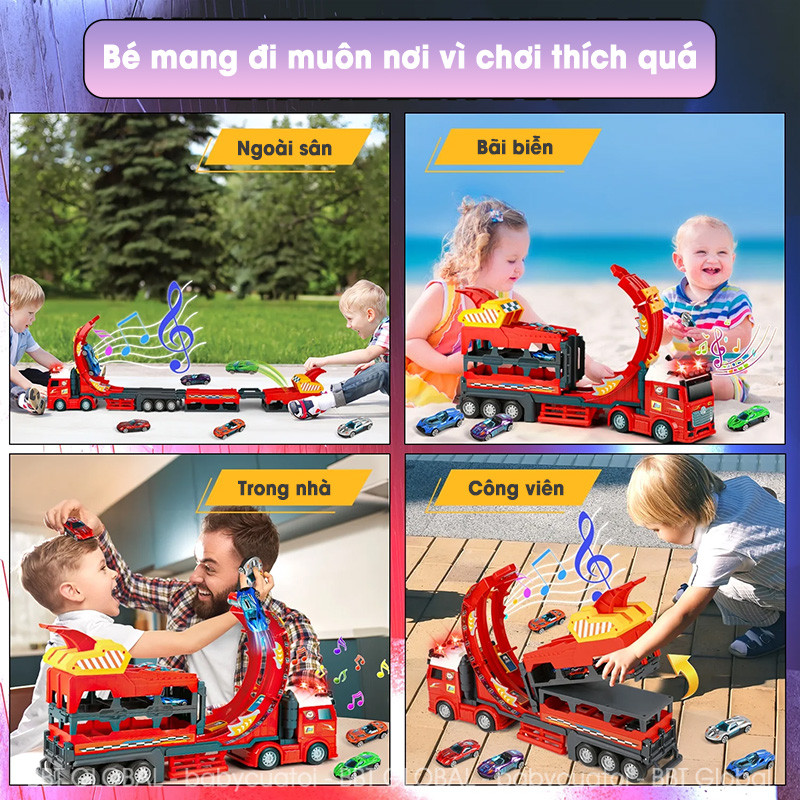 Đồ chơi xe tải biến hình đường đua 1m13 kèm xe hợp kim có đèn và nhạc JP588-32