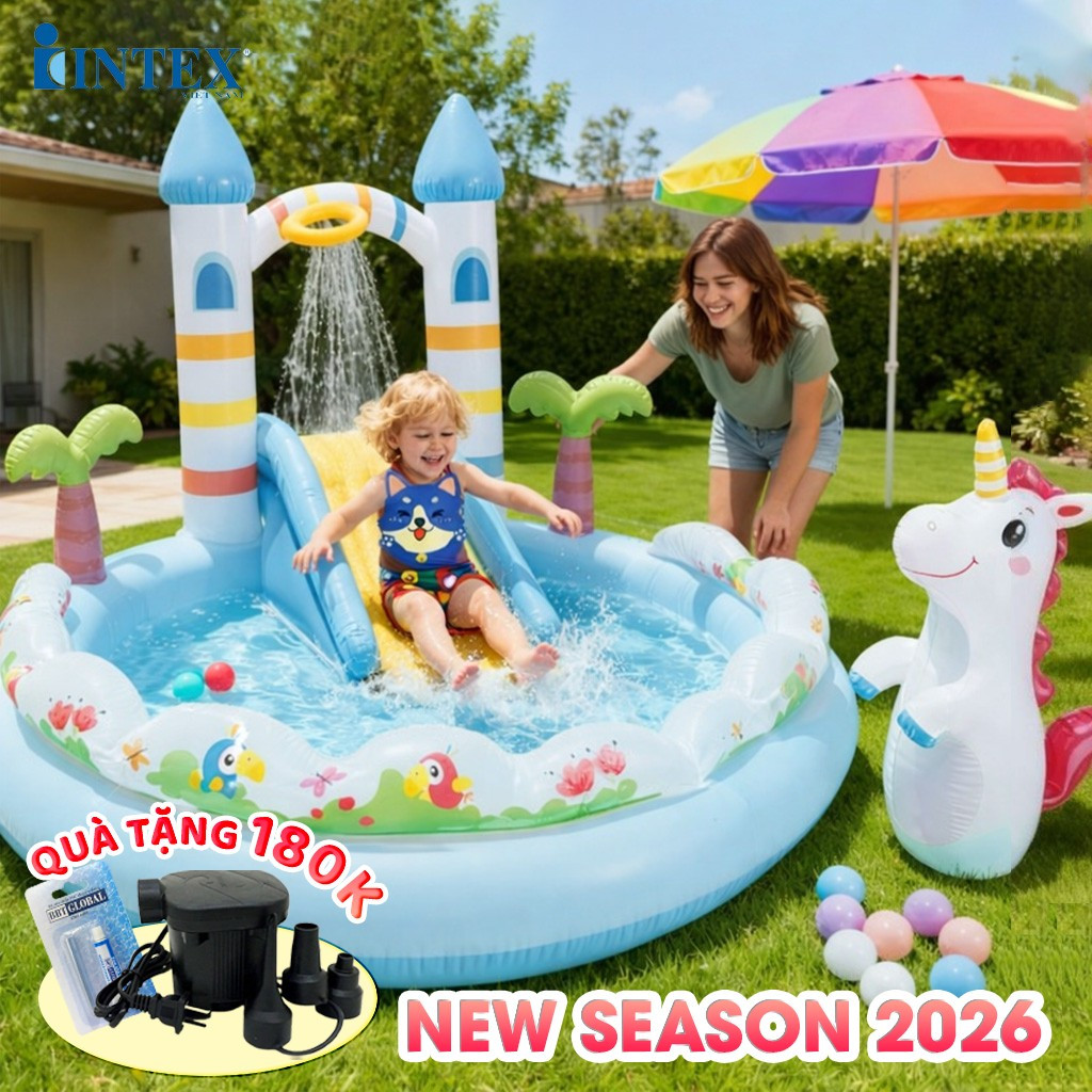Bể bơi phao cầu trượt lâu đài cổ tích ngựa pony INTEX 56148