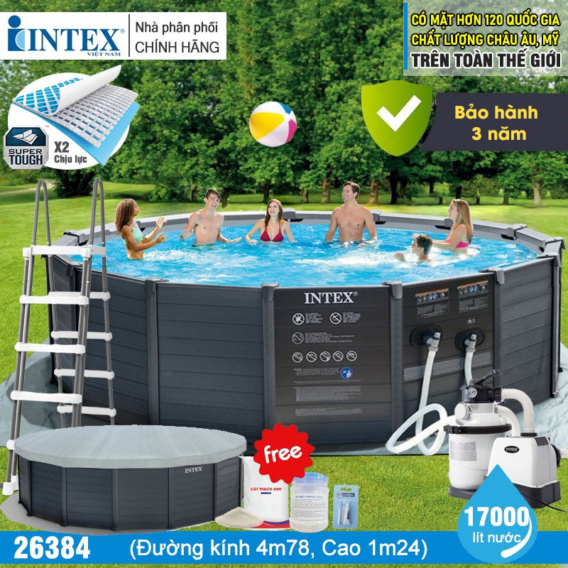 Bể bơi khung kim loại chịu lực giả gỗ 4m78 INTEX 26384