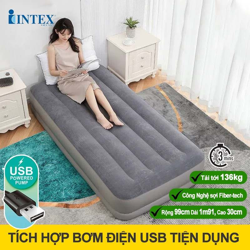 Giường hơi đơn INTEX 99cm cao cấp tích hợp bơm điện cổng USB 64112