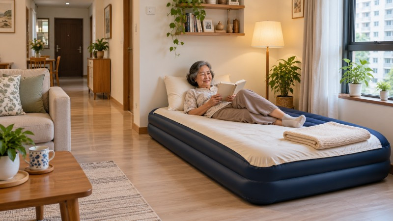Đệm hơi tạo góc nghỉ cho mẹ trong căn hộ nhỏ, bên cạnh lối đi thông thoáng