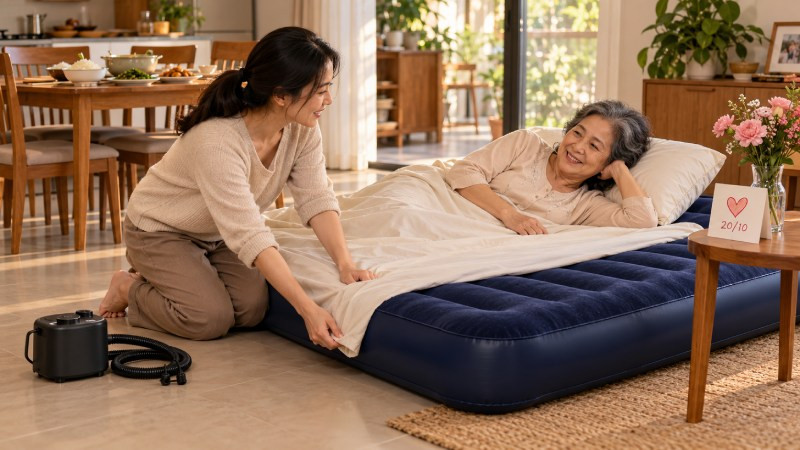 Con gái chuẩn bị đệm hơi cho mẹ nghỉ ngơi, bên cạnh thiệp chúc mừng 20/10