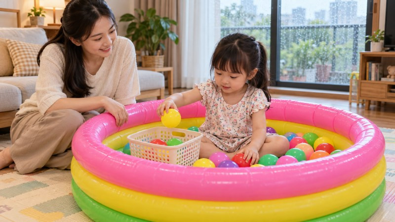 Bố mẹ ngồi cạnh hồ bơi phao hướng dẫn bé