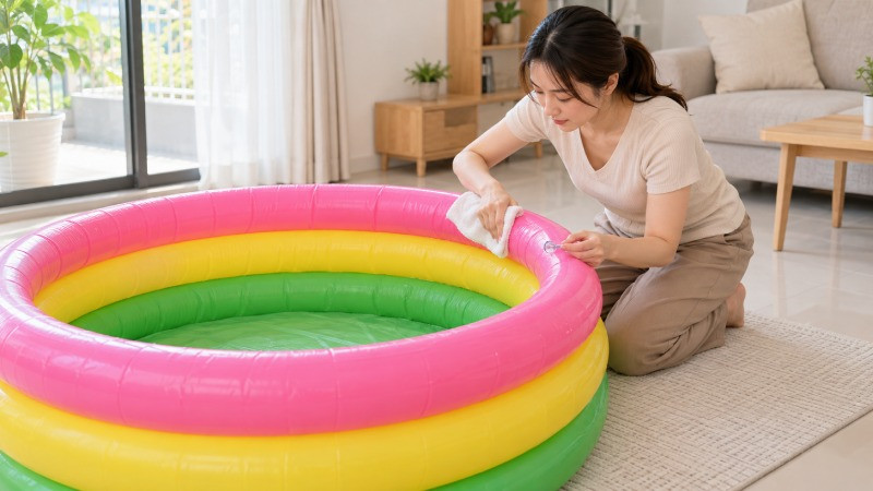 Mẹ lau khô bề mặt và kiểm tra van hồ bơi phao trước khi cho bé vui chơi