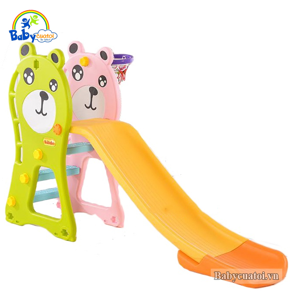 Cầu trượt gấu xinh máng dài có bóng rổ KT001A-sm