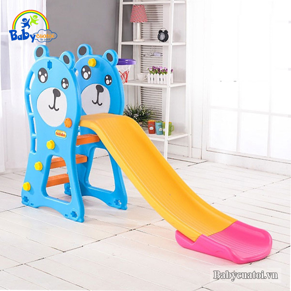 Cầu trượt gấu xinh máng dài có bóng rổ KT001A-XD