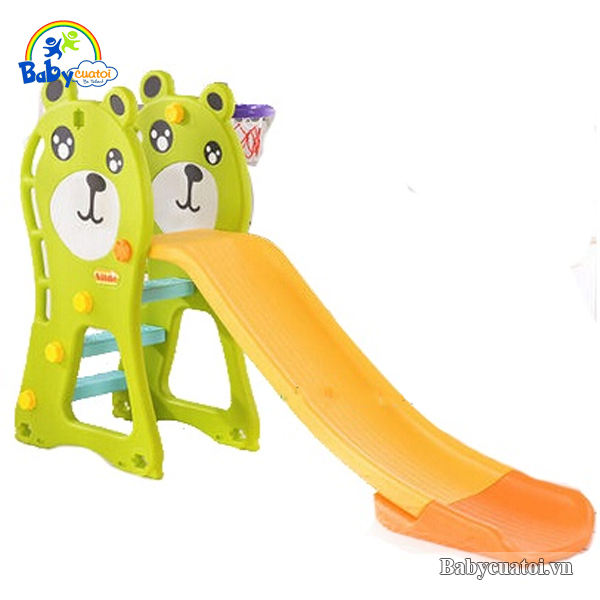 Cầu trượt gấu xinh máng dài có bóng rổ KT001A-XL