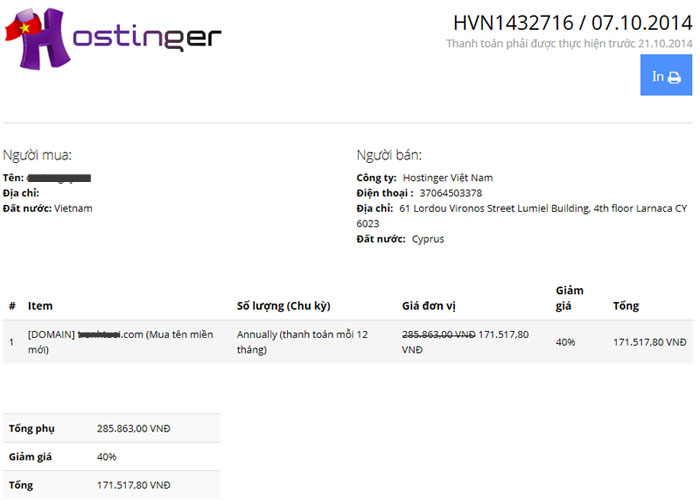 Copuon giảm giá 40% tên miền tại Hostinger