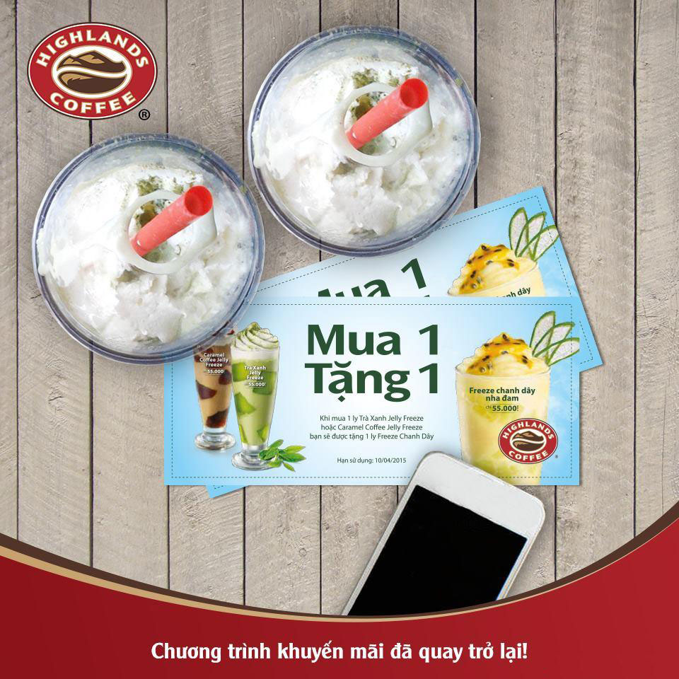 Highlands coffee khuyến mại mua 1 tặng 1