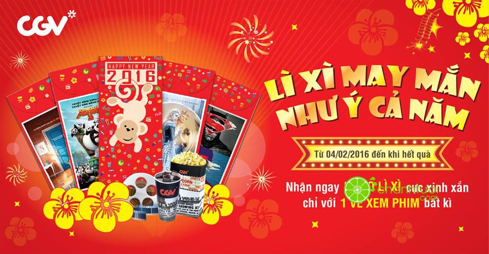 Tặng 5 bao lì xì cực xinh xắn chỉ với 1 vé xem phim bất kỳ tại CGV