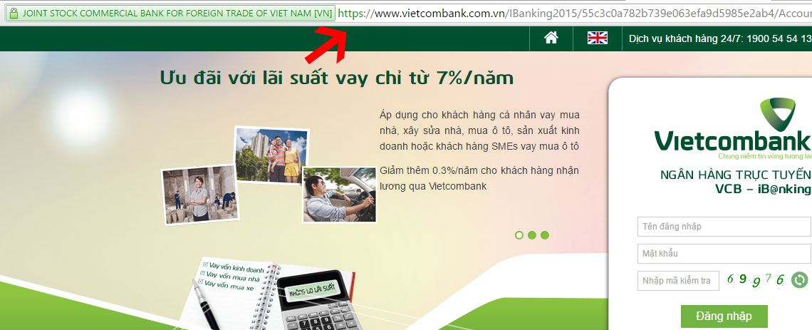 Chỉ nhập tài khoản vào trang chủ của ngân hàng và có chuẩn bảo mật HTTPS