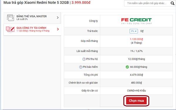 trả góp 0Đ Xiaomi Redmi Note 5