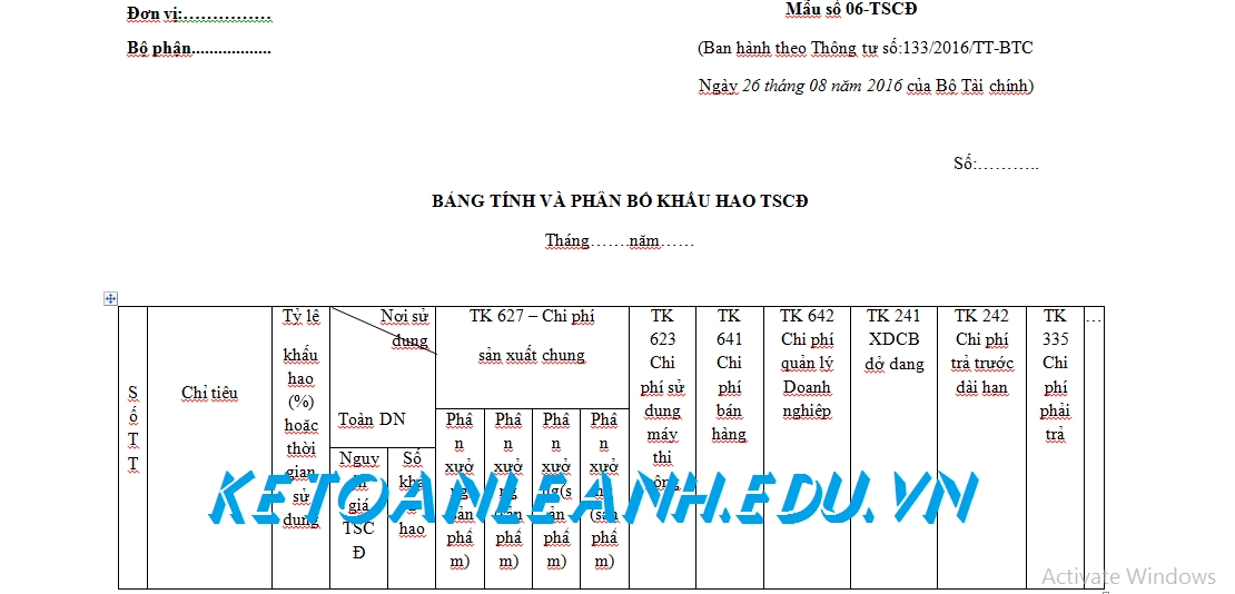 Bảng tính và phân bổ khấu hao TSCĐ