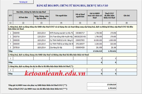 kê khai hóa đơn đầu vào không tính thuế gtgt 