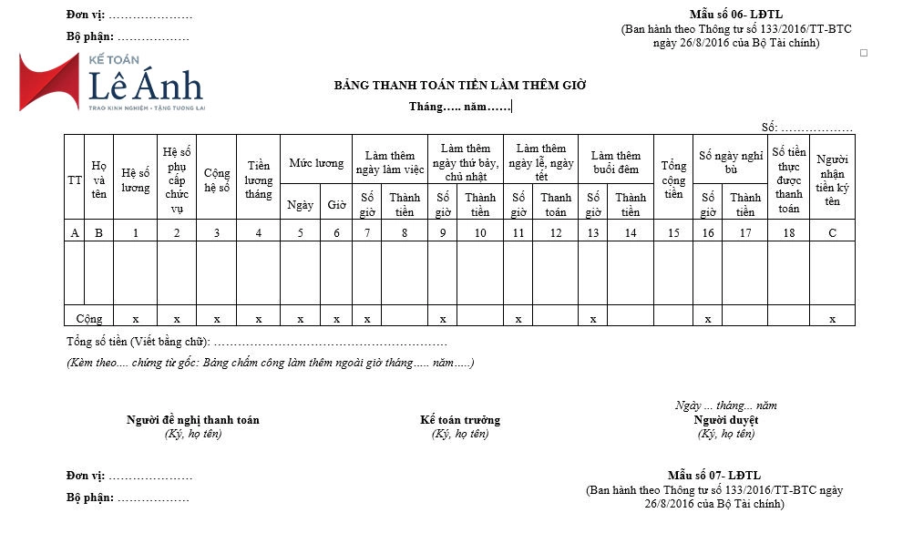 mẫu bảng thanh toán tiền làm thêm giờ