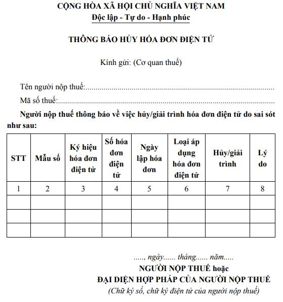 Mẫu thông báo hủy hóa đơn điện tử
