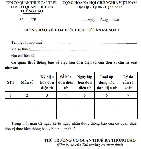 Mẫu thông báo về hóa đơn điện tử cần rà soát