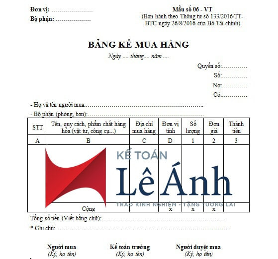 Bảng kê mua hàng theo thông tư 133/2016/TT-BTC