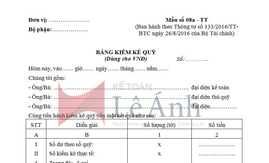 Bảng kiểm kê quỹ (dùng cho VNĐ) theo thông tư 133/2016/TT-BTC