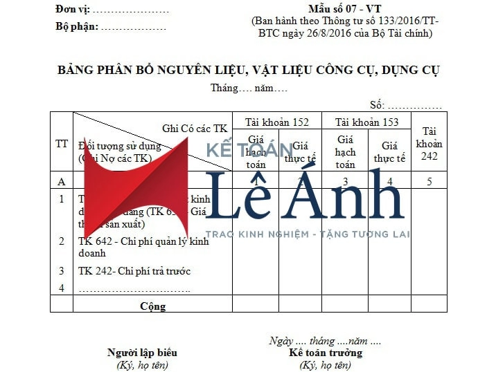 Bảng phân bổ nguyên liệu, vật liệu, công cụ, dụng cụ theo thông tư 133/2016/TT-BTC