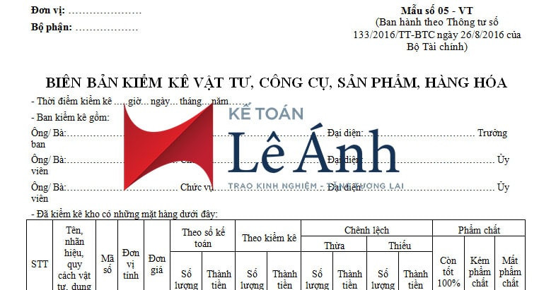 Biên bản kiểm kê vật tư, công cụ, sản phẩm, hàng hóa theo thông tư 133/2016/TT-BTC