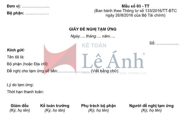 Giấy đề nghị tạm ứng theo thông tư 133