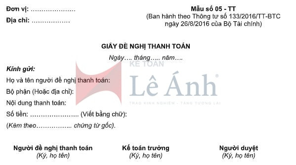Giấy đề nghị thanh toán theo Thông tư 133