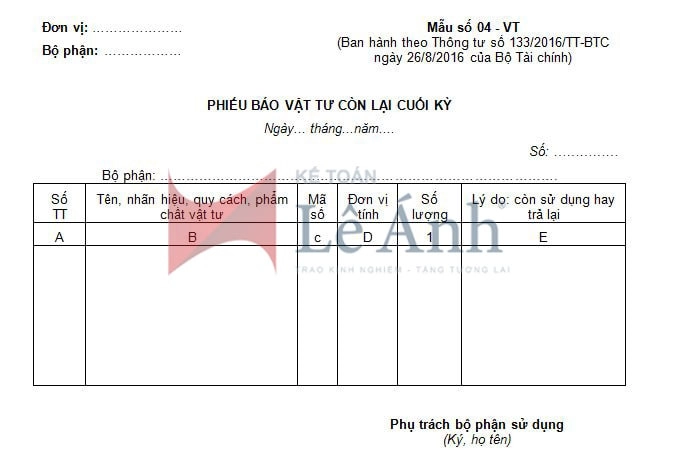Phiếu báo vật tư còn lại cuối kỳ theo thông tư 133/2016/TT-BTC