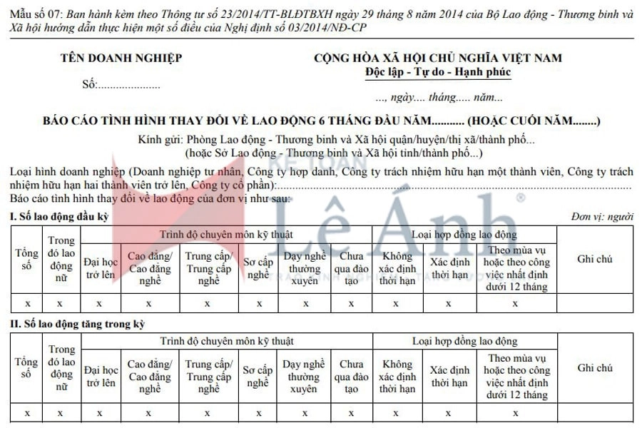 Báo cáo tình hình sử dụng lao động mẫu 07