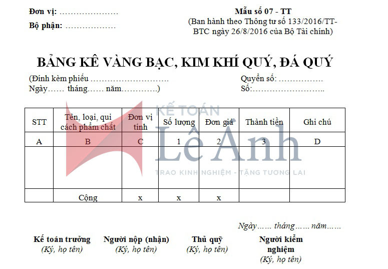 Mẫu Bảng kê vàng bạc, kim khí quý, đá quý theo thông tư 133/2016/TT-BTC