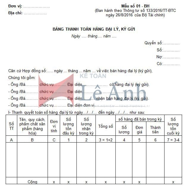 Mẫu bảng thanh toán hàng đại lý, ký gửi - mẫu số 01 – BH ban hành theo Thông tư số 133/2016/TT-BTC