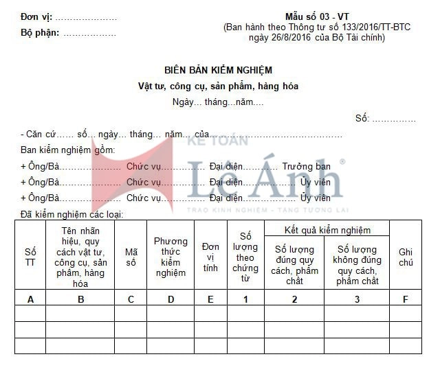 Biên bản kiểm nghiệm (Vật tư, công cụ, sản phẩm, hàng hóa) theo thông tư 133/2016/TT-BTC