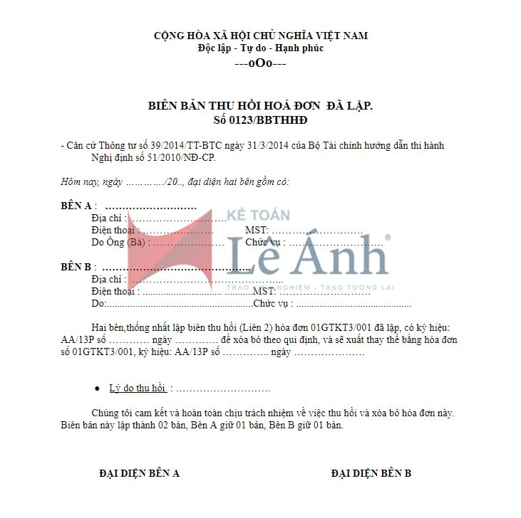 Hướng dẫn lập mẫu biên bản thu hồi hóa đơn viết sai