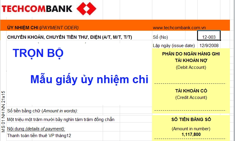 Mẫu ủy nhiệm chi ngân hàng Techcombank