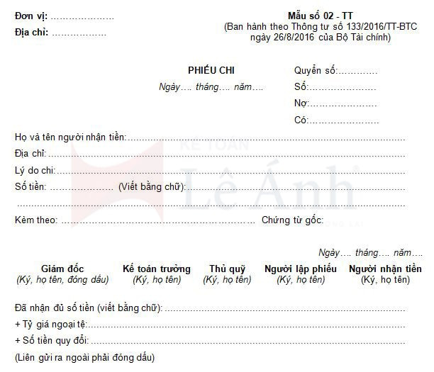 Mẫu phiếu chi theo thông tư 133