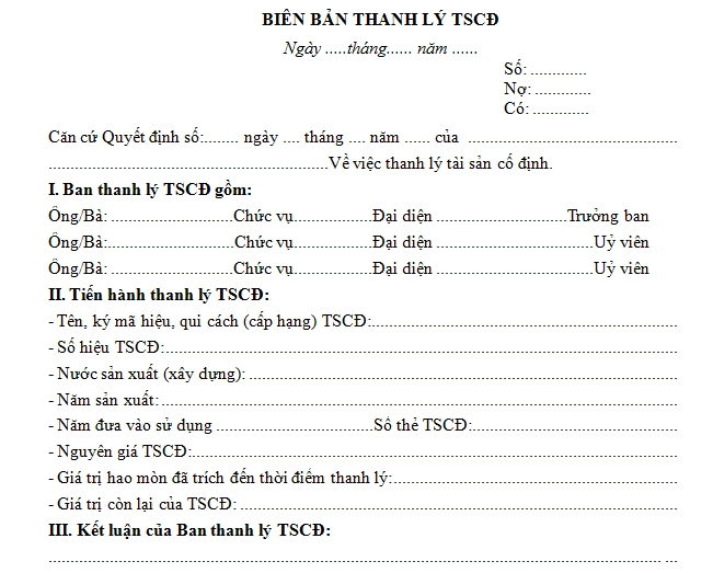Biên bản thanh lý tài sản cố định