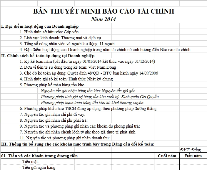Cách lập thuyết minh báo cáo tài chính