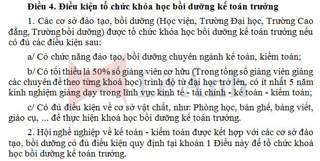 Điều kiện tổ chức khóa học bồi dưỡng kế toán trưởng theo quy định của Bộ tài chính