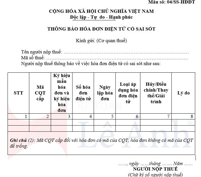 Mẫu 04/SS-HĐĐT Thông báo hóa đơn điện tử sai sót