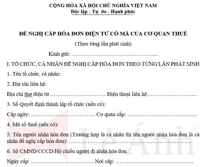 Mẫu đề nghị cấp hóa đơn điện tử có mã của cơ quan thuế