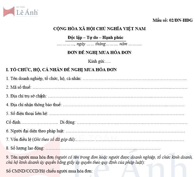 Mẫu 02/ĐN-HĐG Đơn đề nghị mua hóa đơn