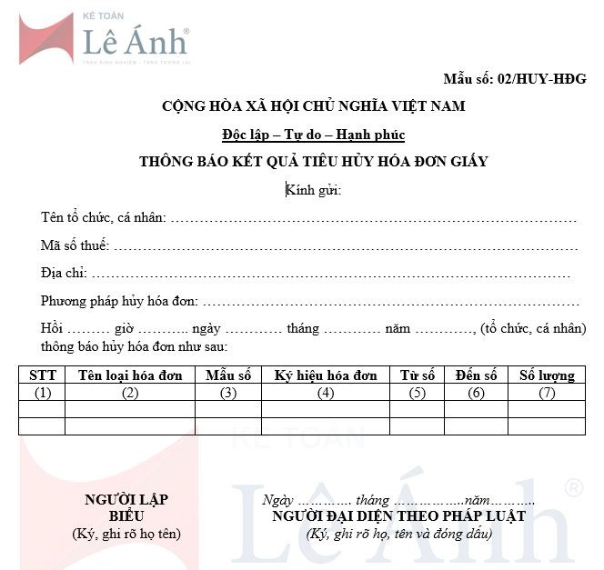 Mẫu 02/HUY-HĐG mẫu thông báo kết quả tiêu hủy hóa đơn giấy