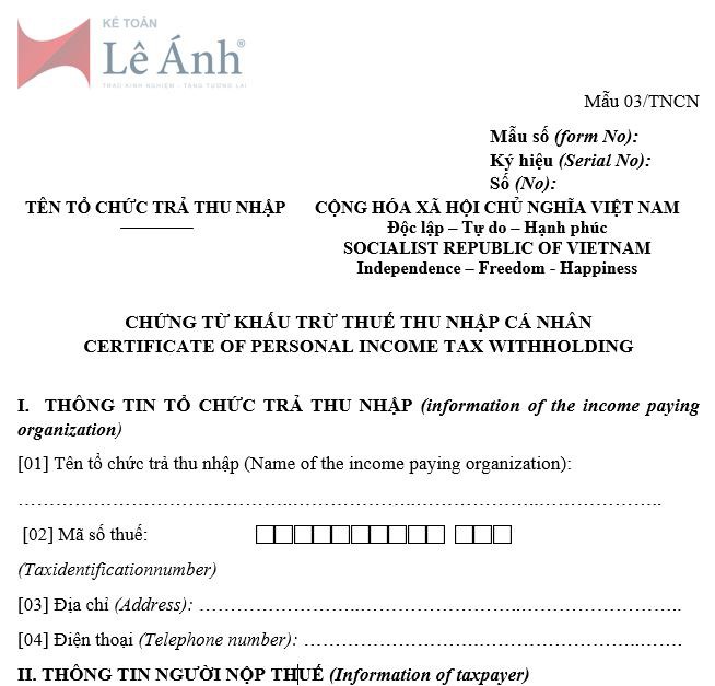 Mẫu số 03/TNCN chứng từ thuế thu nhập cá nhân