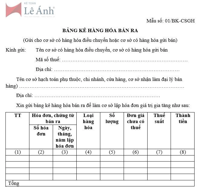 Mẫu bảng kê hàng hóa bán ra số 01/BK-CSGH