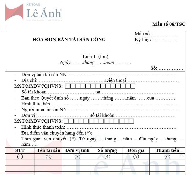 Mẫu hóa đơn bán tài sản công số 08/TSC