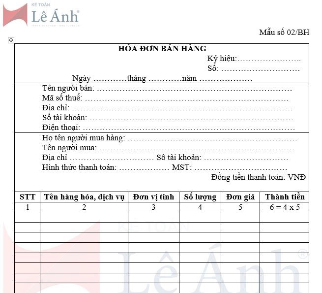 Mẫu hóa đơn điện tử bán hàng mẫu số 02/BH